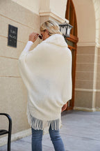 Fringe Detail Long Sleeve Ribbed Poncho - Delanoir