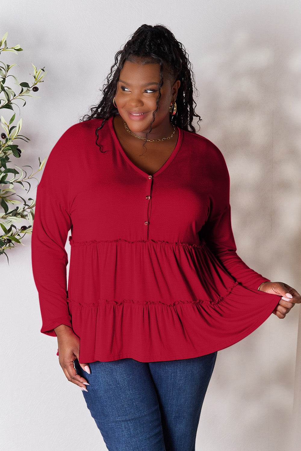 Double Take Half Button Long Sleeve Ruffle Hem Blouse - Delanoir