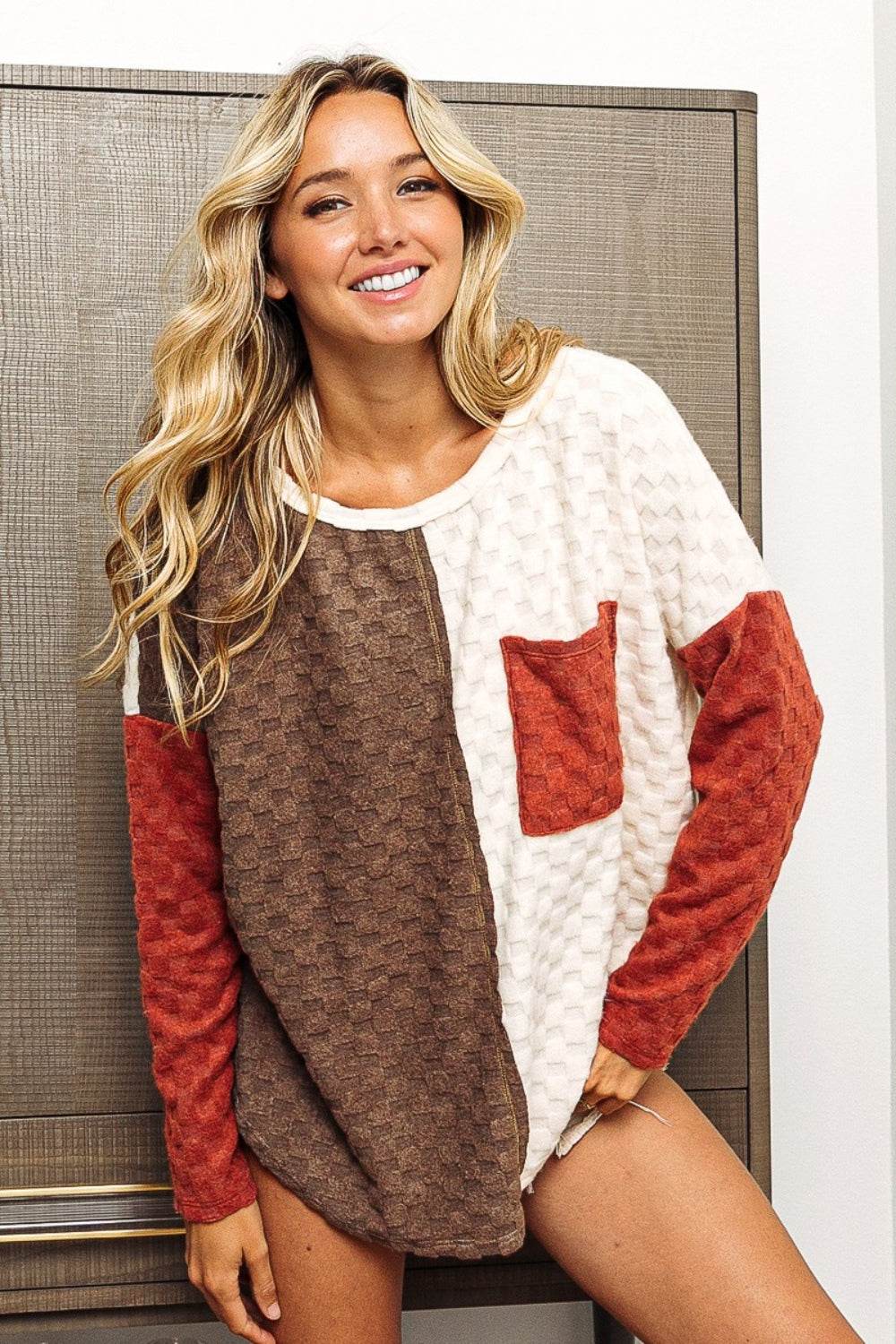 BiBi Color Block Brushed Checker Top - Delanoir