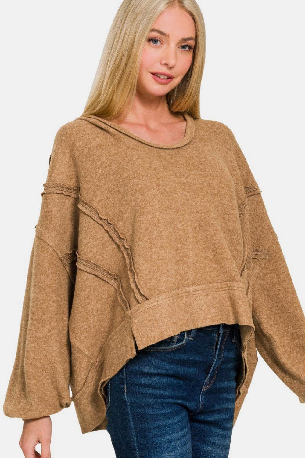 Zenana Brushed Hacci Exposed Seam Hoodie - Delanoir
