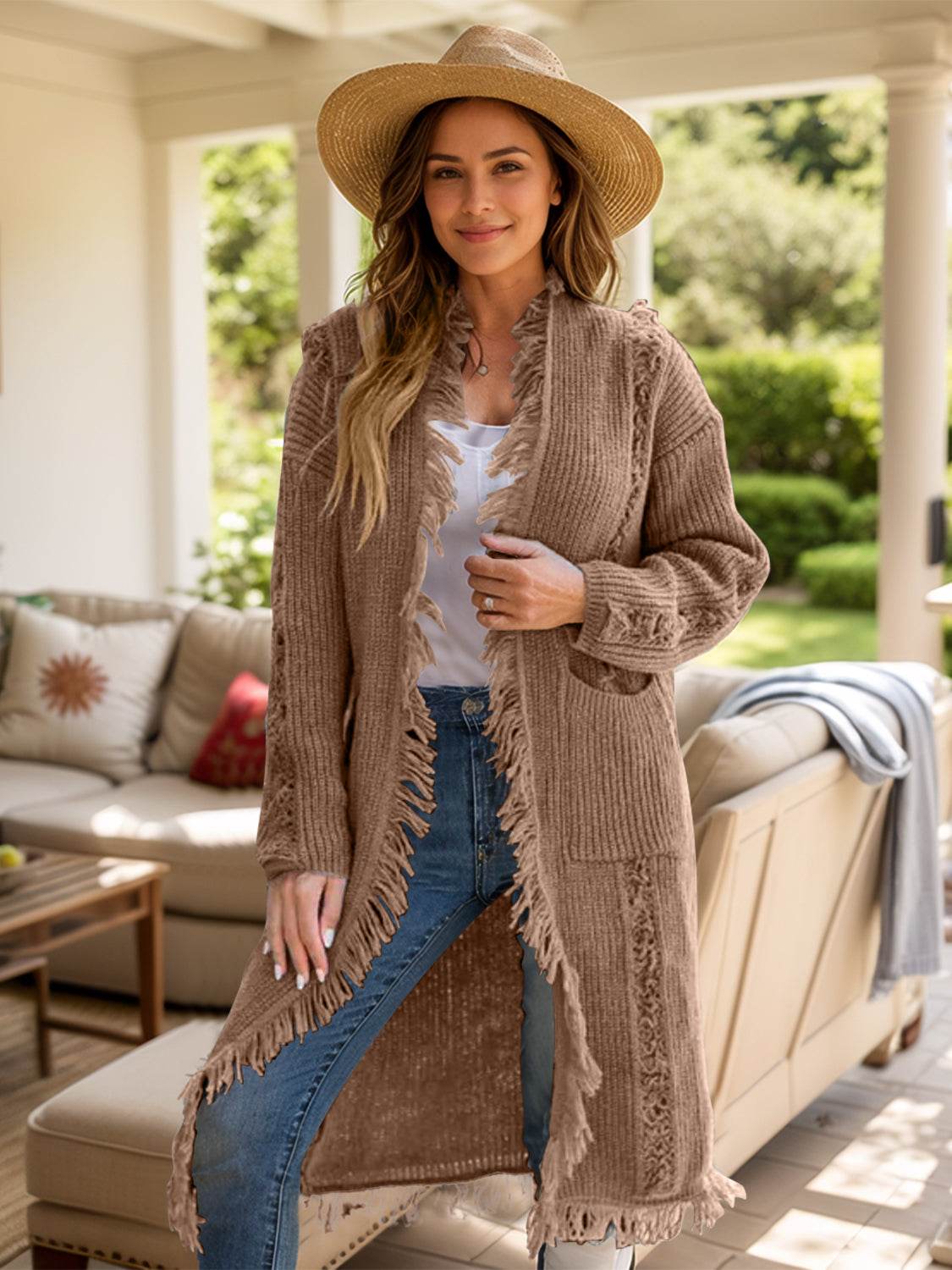 Fringe Open Front Long Sleeve Cardigan - Delanoir