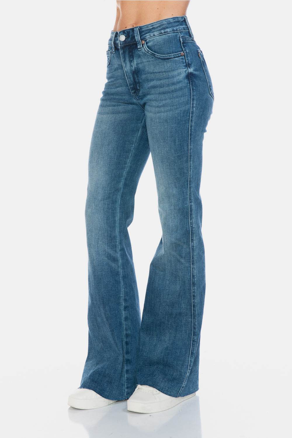 Judy Blue Full Size Tummy Control Cut Hem Flare Jeans - Delanoir