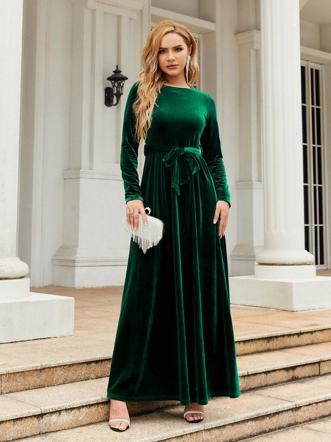 Tie Front Round Neck Long Sleeve Maxi Dress - Delanoir