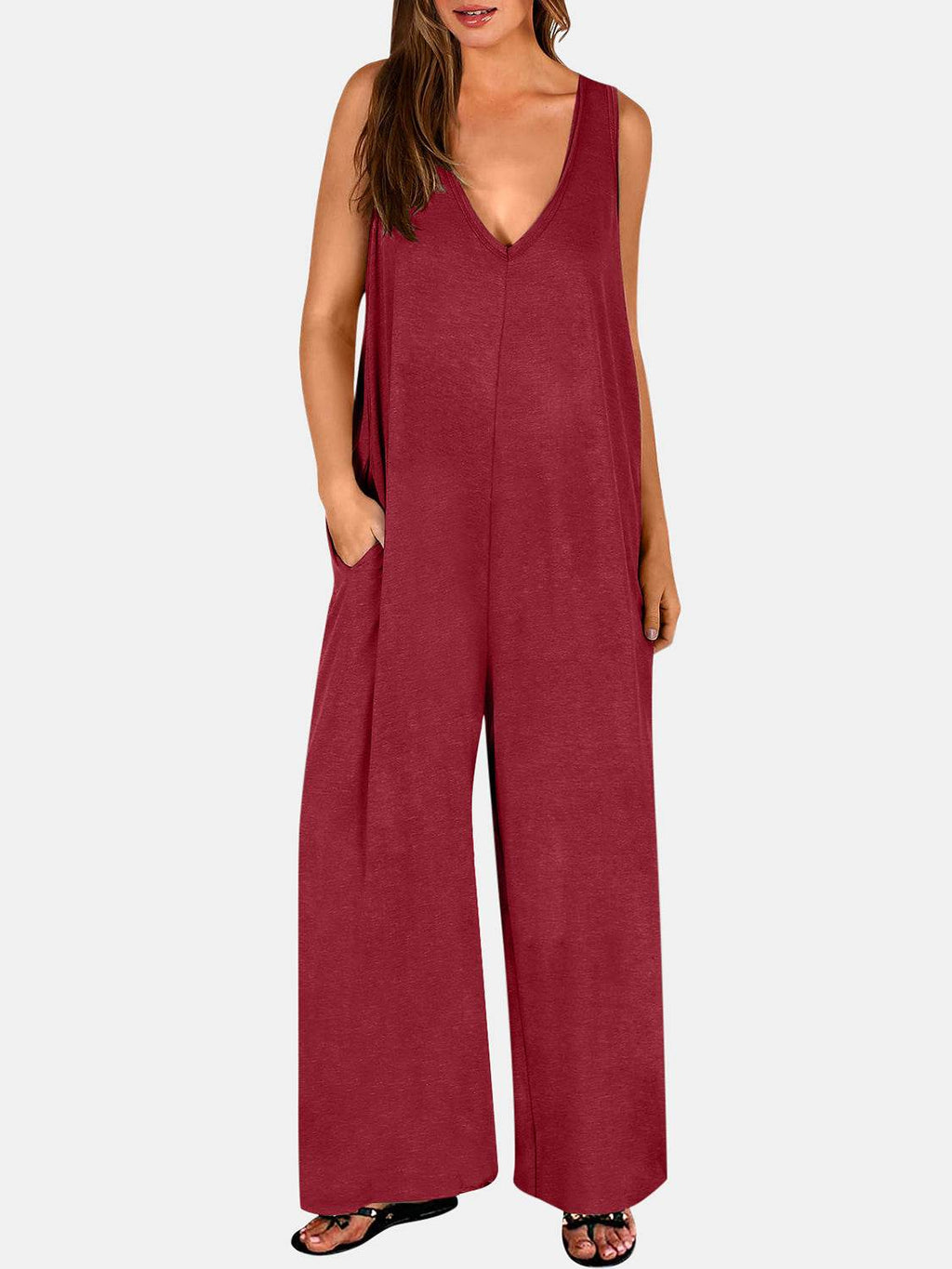 Full Size V-Neck Wide Strap Jumpsuit - Delanoir