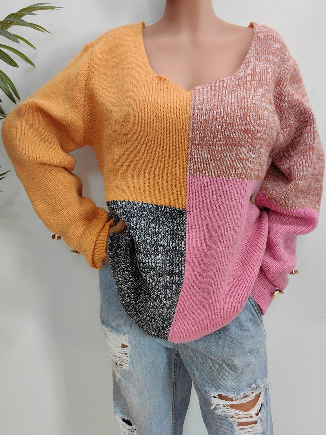 Color Block Decorative Button Long Sleeve Sweater - Delanoir