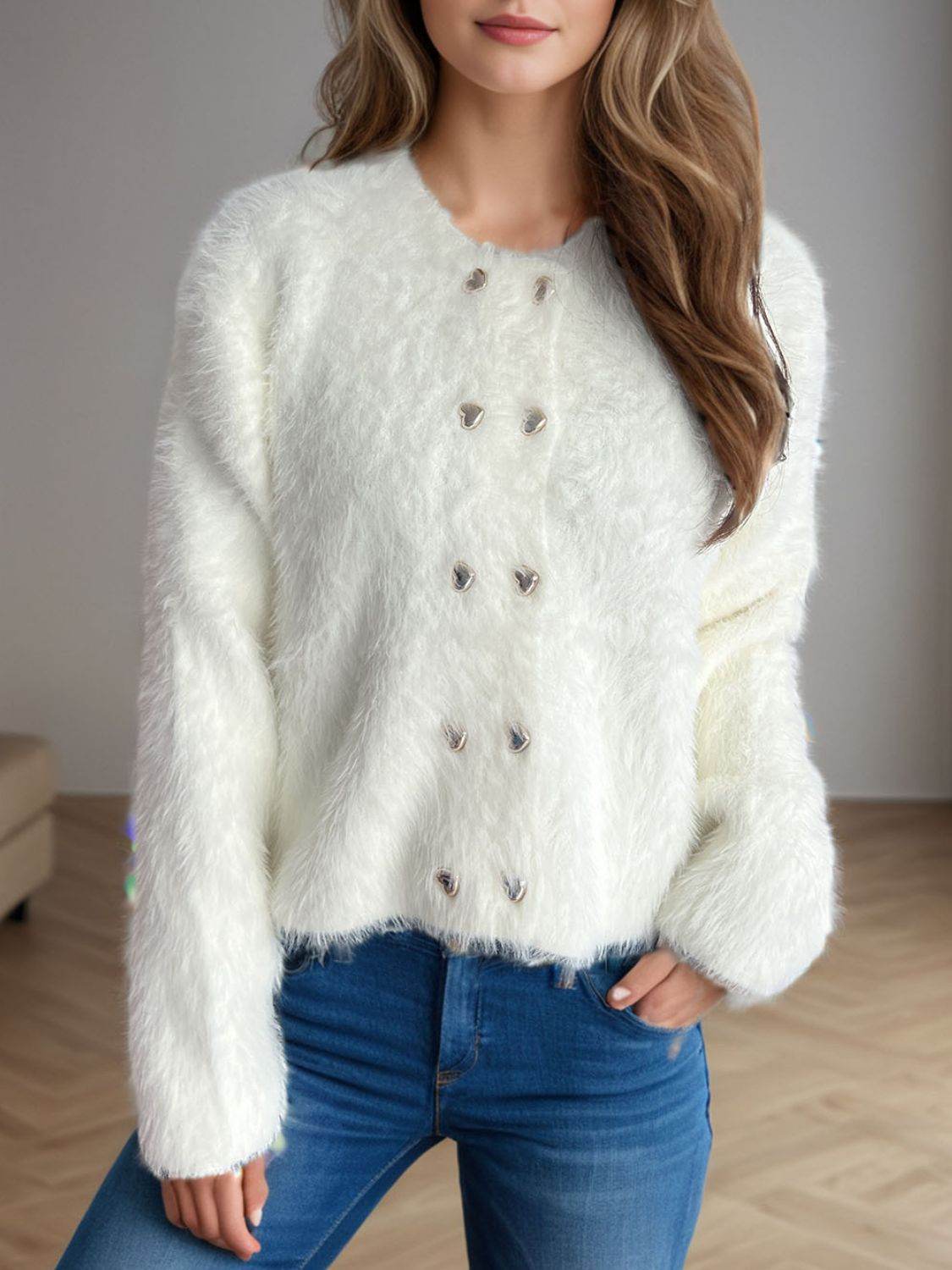 Heart Button Round Neck Cardigan - Delanoir