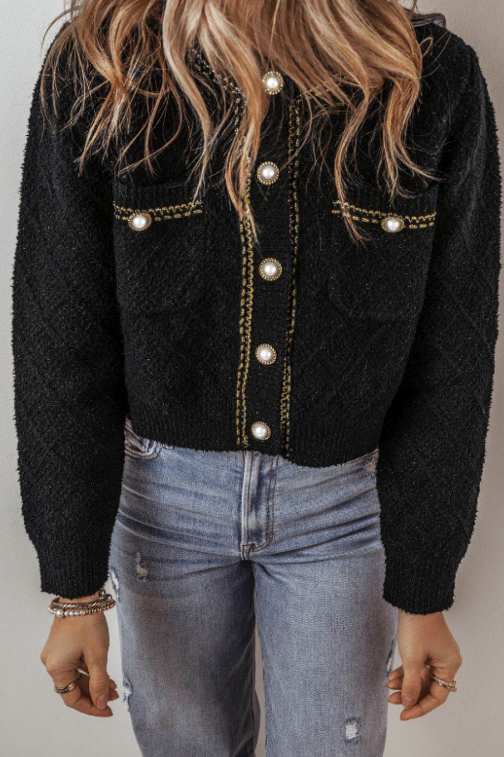 Round Neck Button Up Long Sleeve Cardigan - Delanoir