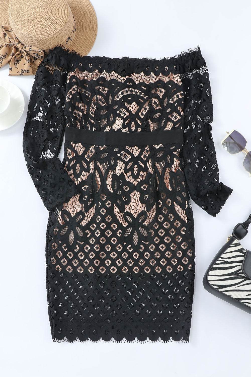 Off-Shoulder Long Sleeve Lace Dress - Delanoir