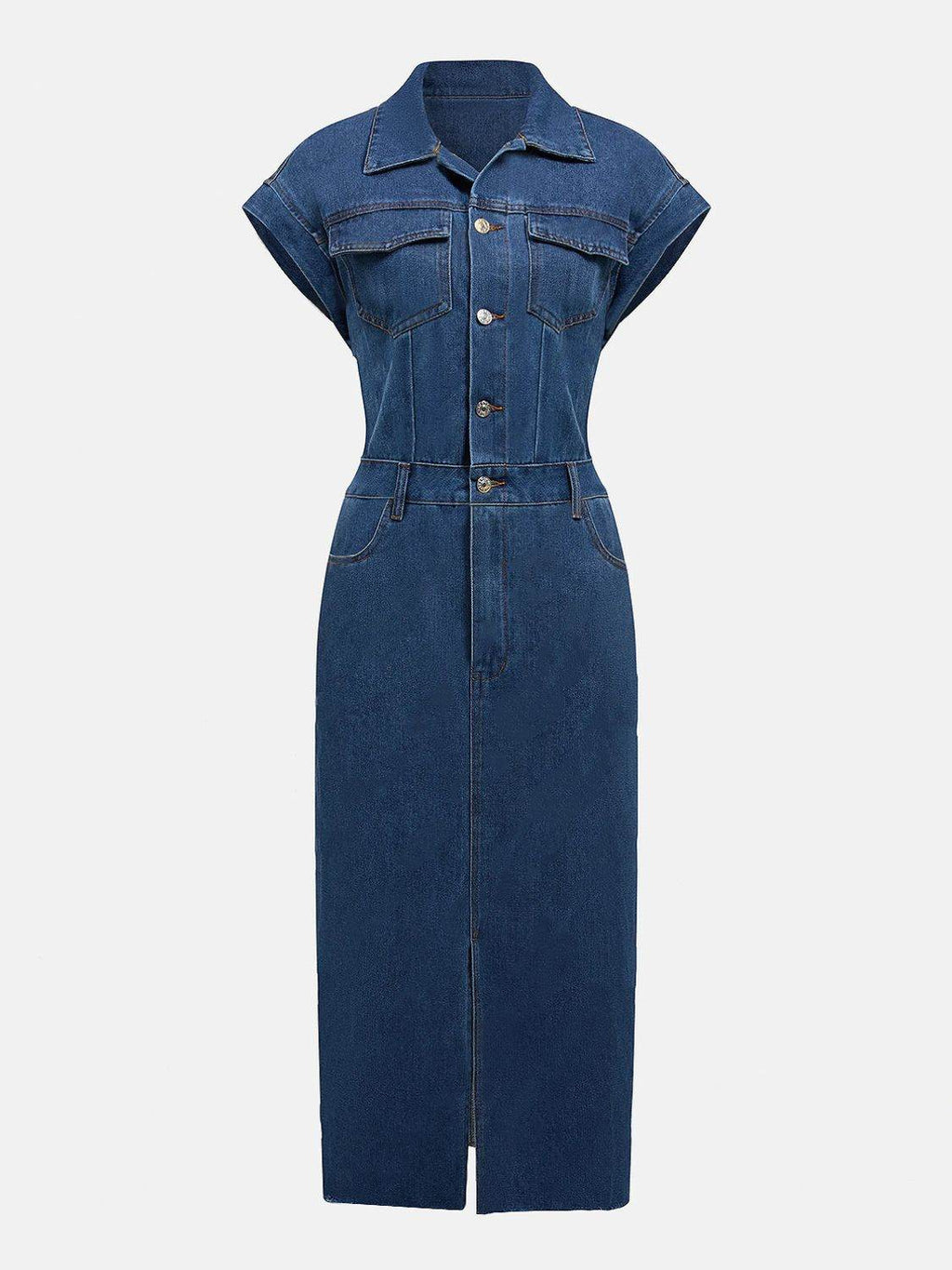 Slit Half Button Collared Neck Cap Sleeve Denim Dress - Delanoir