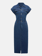 Slit Half Button Collared Neck Cap Sleeve Denim Dress - Delanoir