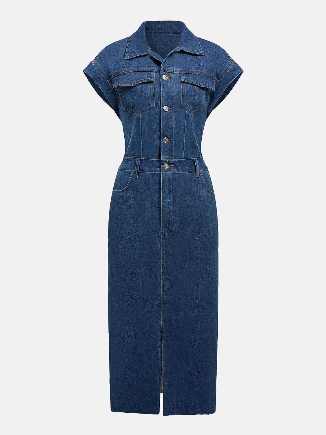 Slit Half Button Collared Neck Cap Sleeve Denim Dress - Delanoir