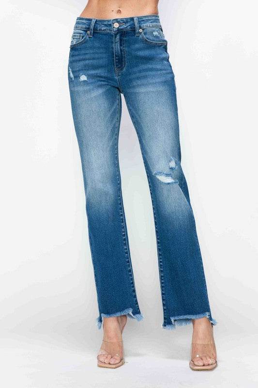 bytos Full Size Raw Hem Distressed Mid Rise Straight Jeans - Delanoir