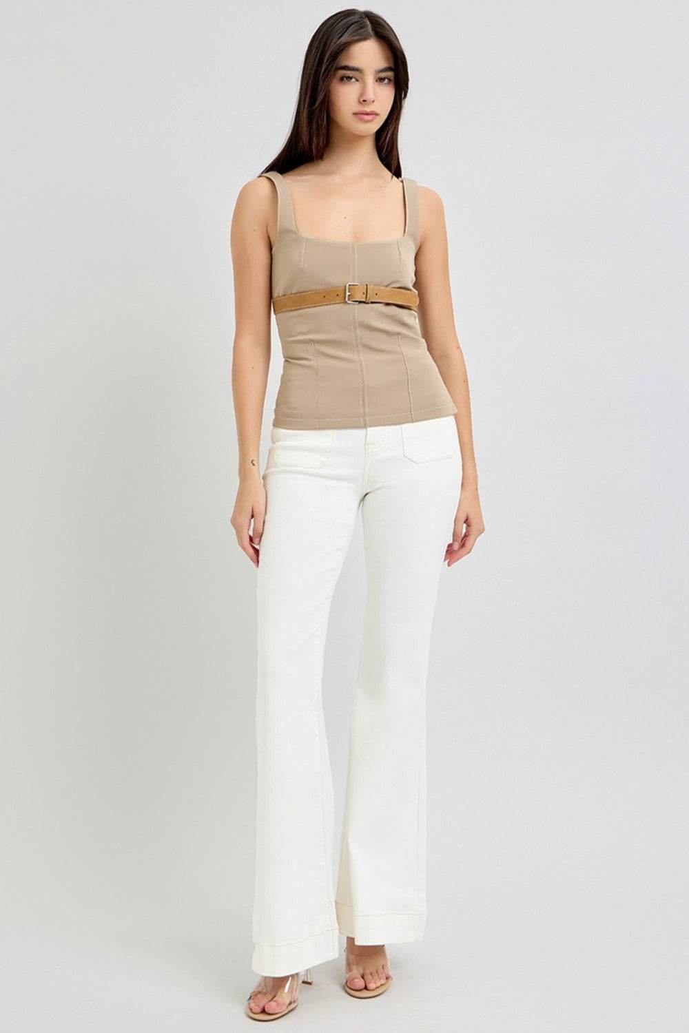 RISEN Full Size High Rise Front Patch Pocket Flare Jeans - Delanoir