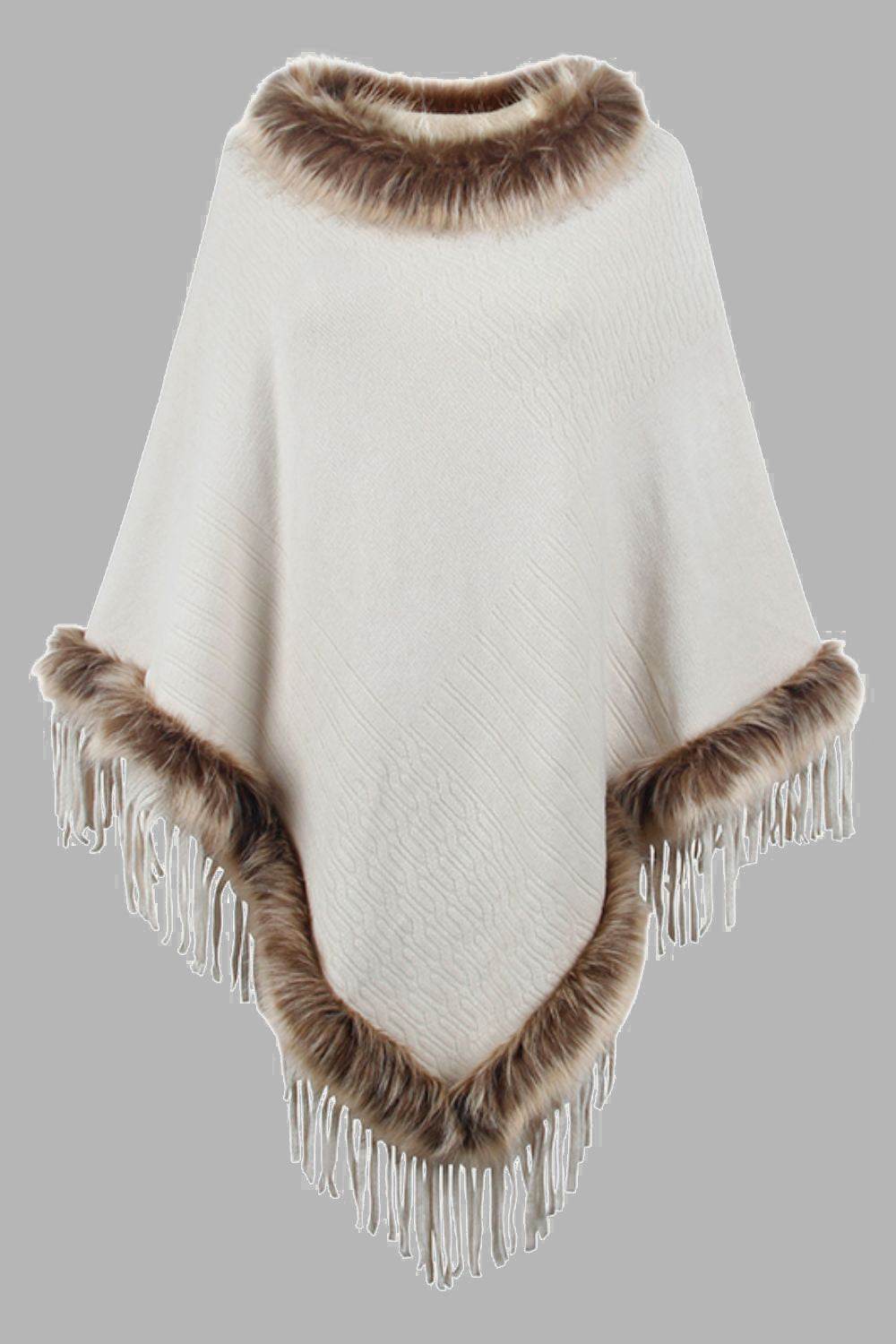 Faux Fur Trim Fringed Poncho - Delanoir