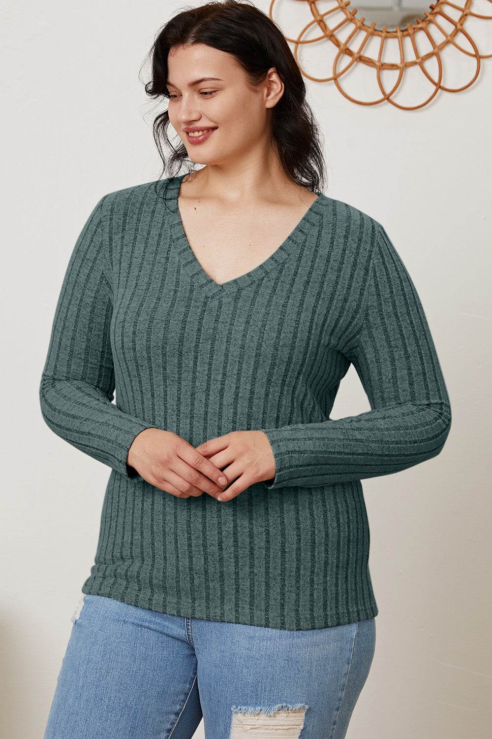 Basic Bae Full Size Ribbed V-Neck Long Sleeve T-Shirt - Delanoir