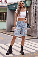 Raw Hem Distressed Denim Shorts with Pockets - Delanoir