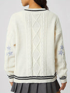 Star Embroidered V-Neck Long Sleeve Cardigan - Delanoir