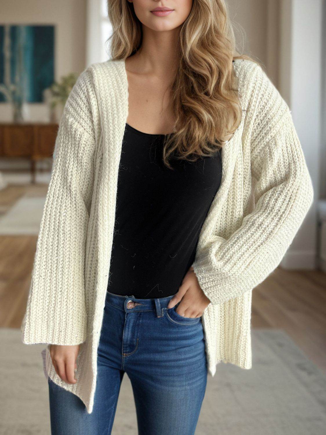 Sequin Detail Long Sleeve Hooded Cardigan - Delanoir