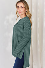 Basic Bae Full Size Ribbed Half Button Long Sleeve High-Low T-Shirt - Delanoir