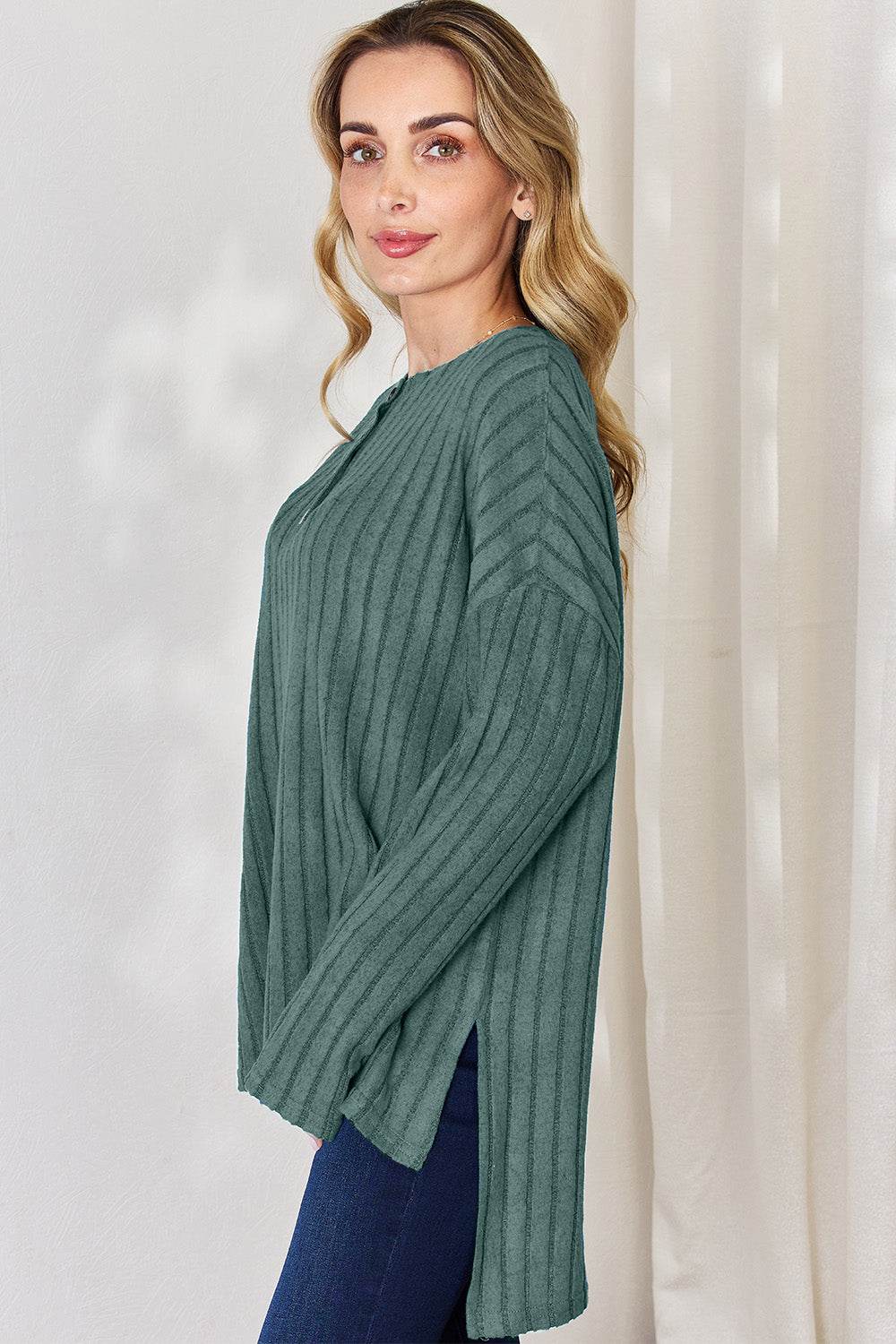 Basic Bae Full Size Ribbed Half Button Long Sleeve High-Low T-Shirt - Delanoir