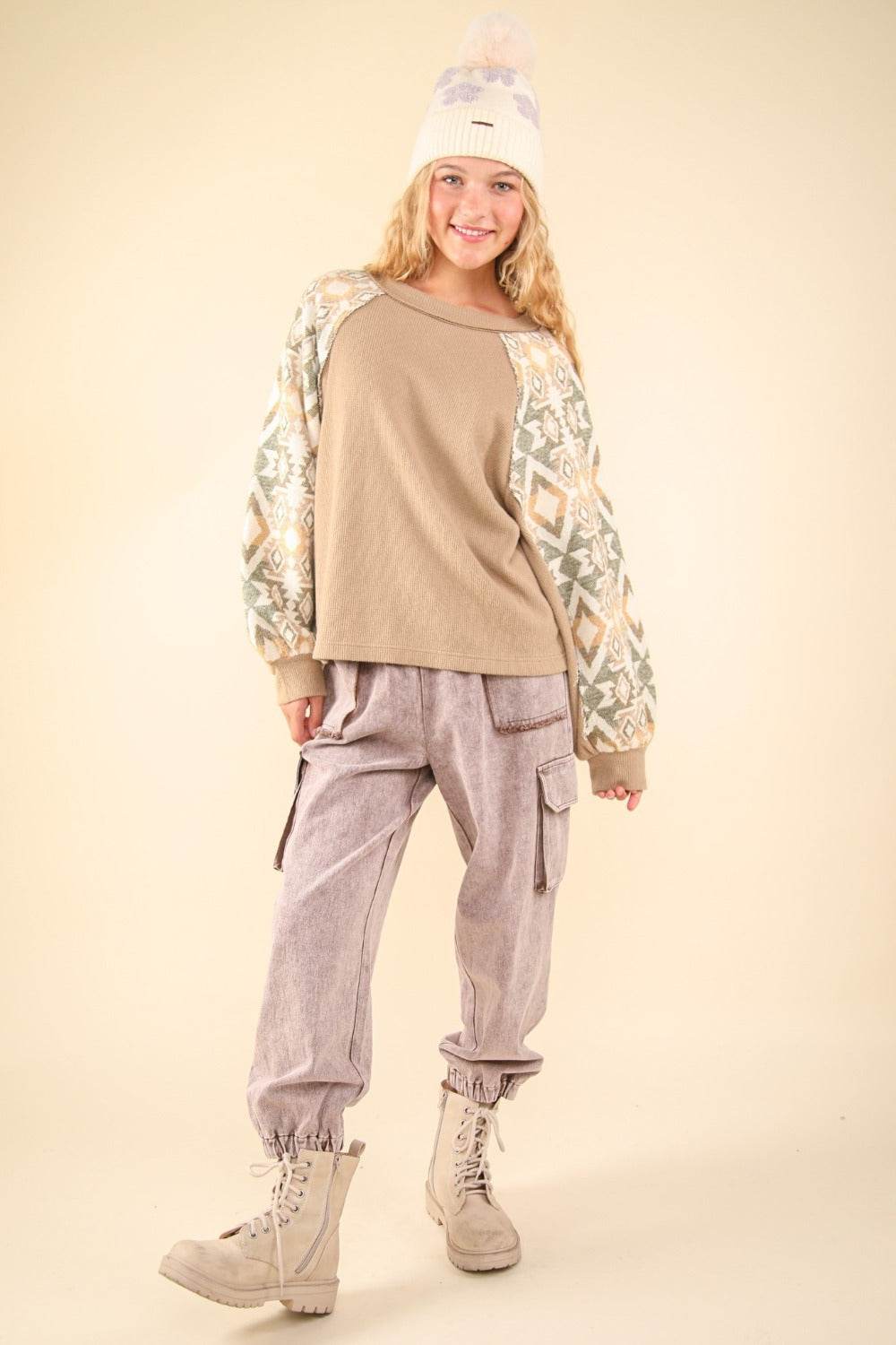 VERY J Printed Long Sleeve Round Neck Knit Top - Delanoir
