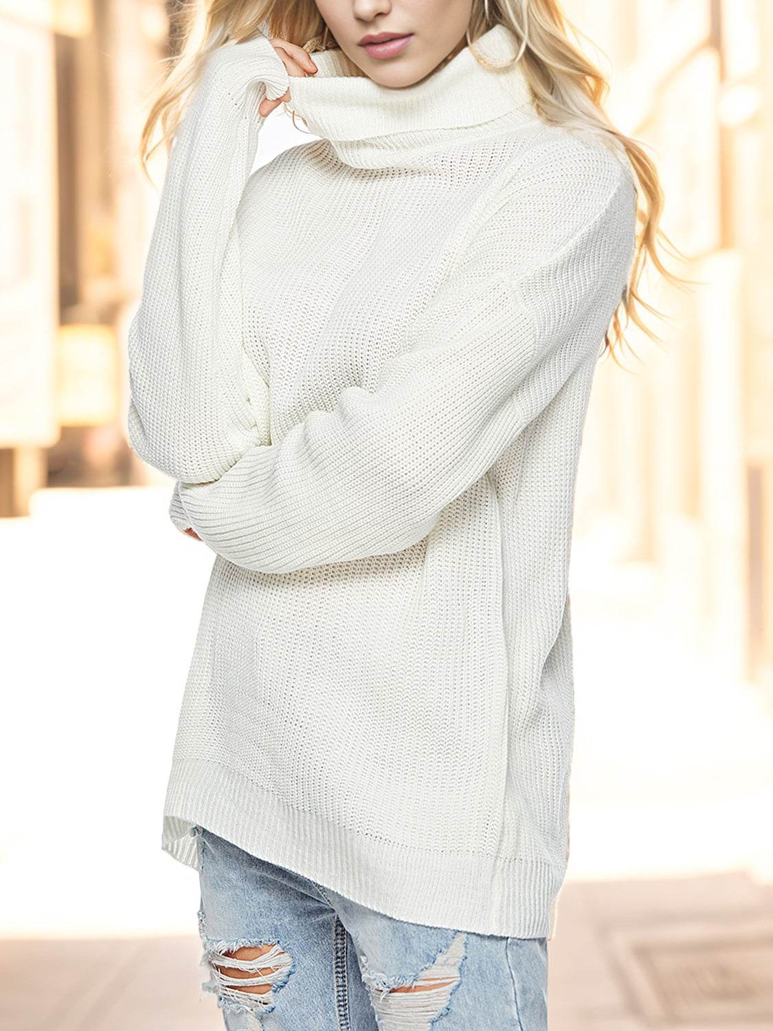 Turtleneck Drop Shoulder Long Sleeve Sweater - Delanoir