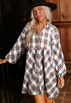 Full Size Plaid Collared Neck Balloon Sleeve Mini Shirt Dress - Delanoir