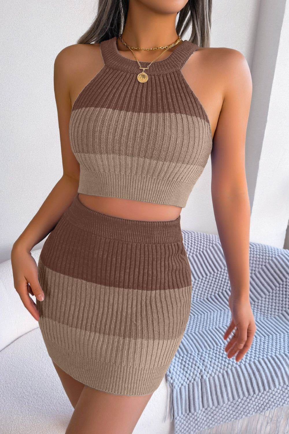 Color Block Sleeveless Crop Knit Top and Skirt Set - Delanoir