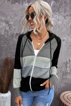 Zip-Up Raglan Sleeve Openwork Hooded Cardigan - Delanoir