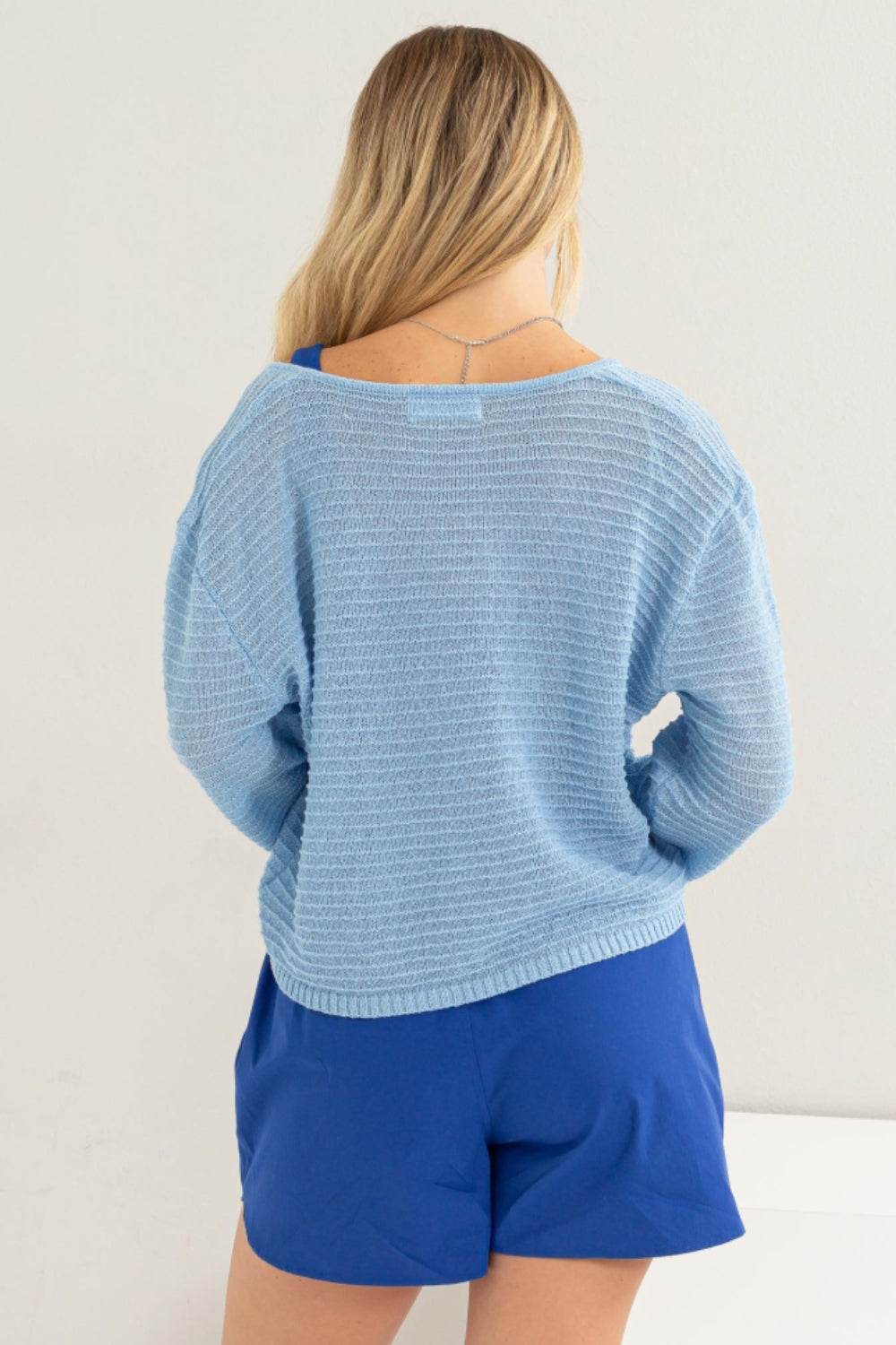 HYFVE V-Neck Stripe Texture Long Sleeve Top - Delanoir