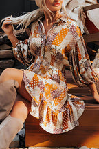 Printed Collared Neck Three-Quarter Sleeve Mini Shirt Dress - Delanoir