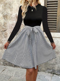 Tied Striped Round Neck Long Sleeve Dress - Delanoir