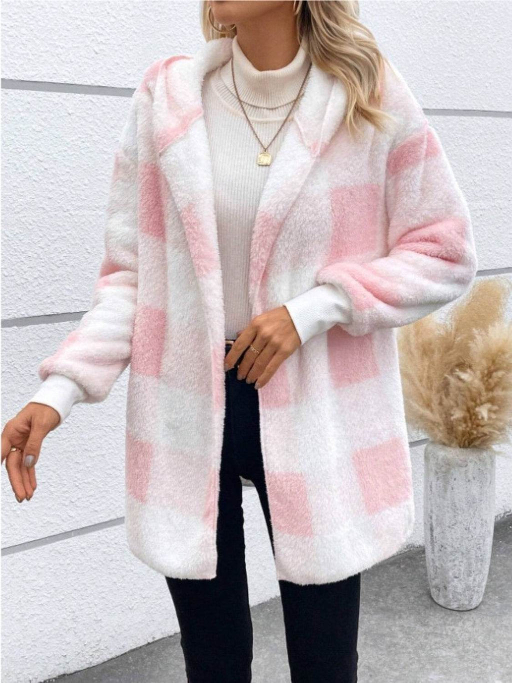Plaid Long Sleeve Hooded Coat - Delanoir