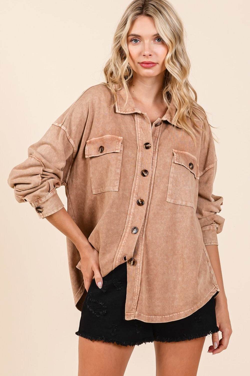 Mittoshop Mineral Wash French Terry Elbow Patch Shacket - Delanoir