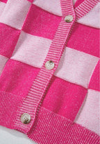 Checkered V-Neck Long Sleeve Cardigan - Delanoir
