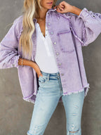 Button Down Raw Hem Denim Jacket - Delanoir