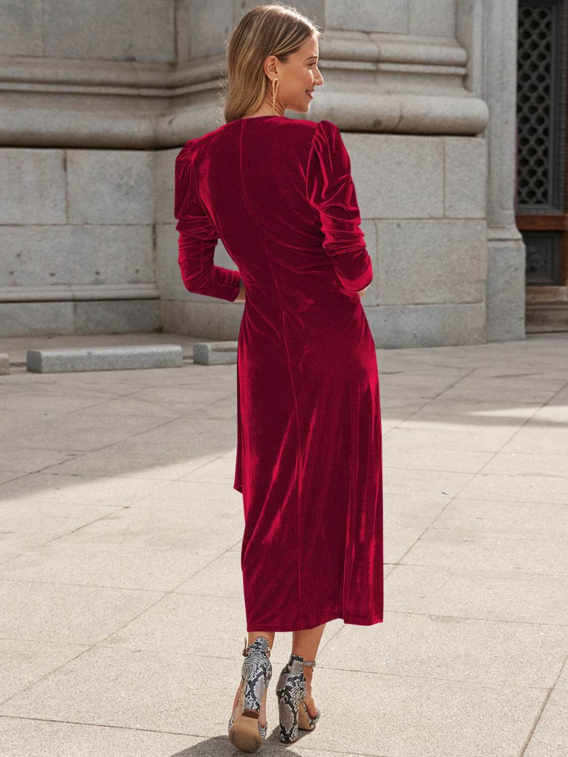 Surplice Puff Sleeve Midi Dress - Delanoir