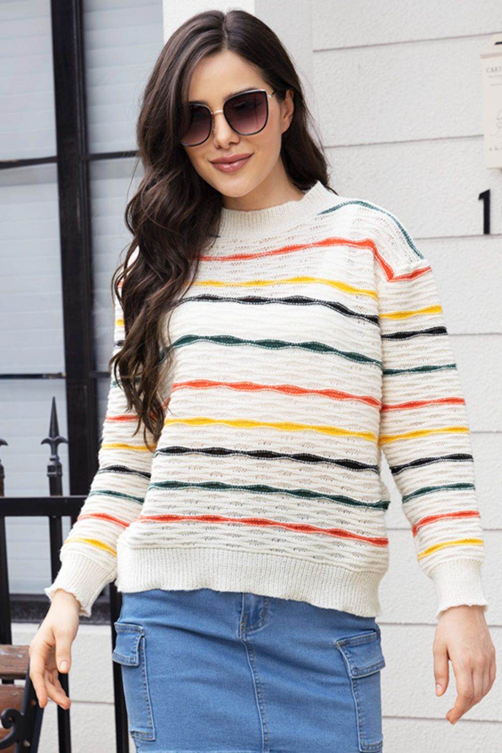 Striped Round Neck Long Sleeve Sweater - Delanoir