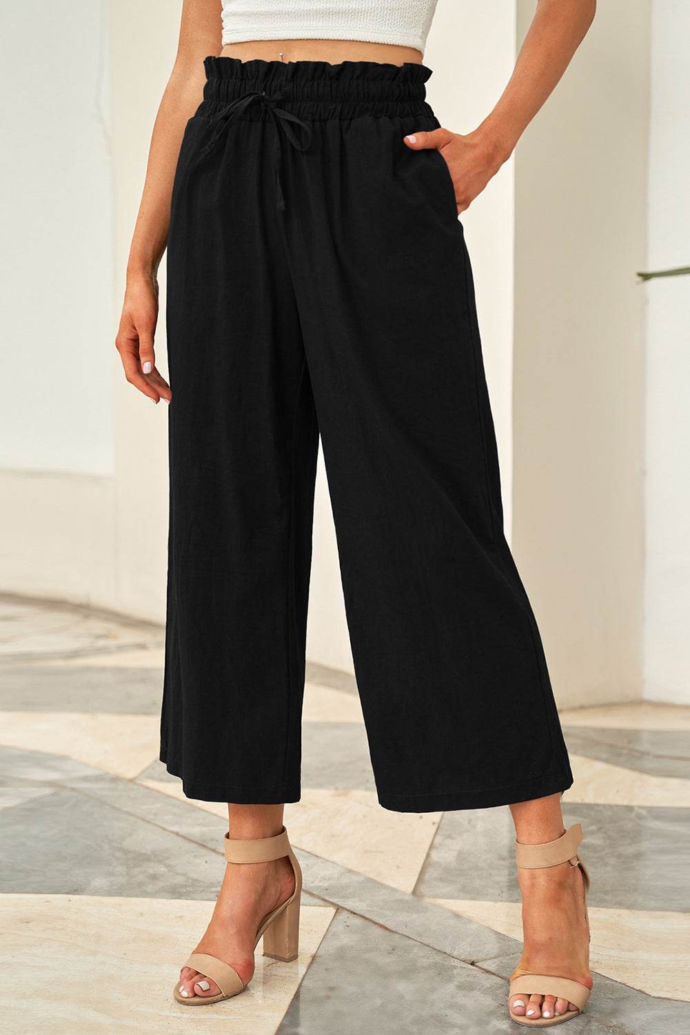 Drawstring Paperbag Waist Wide Leg Pants - Delanoir