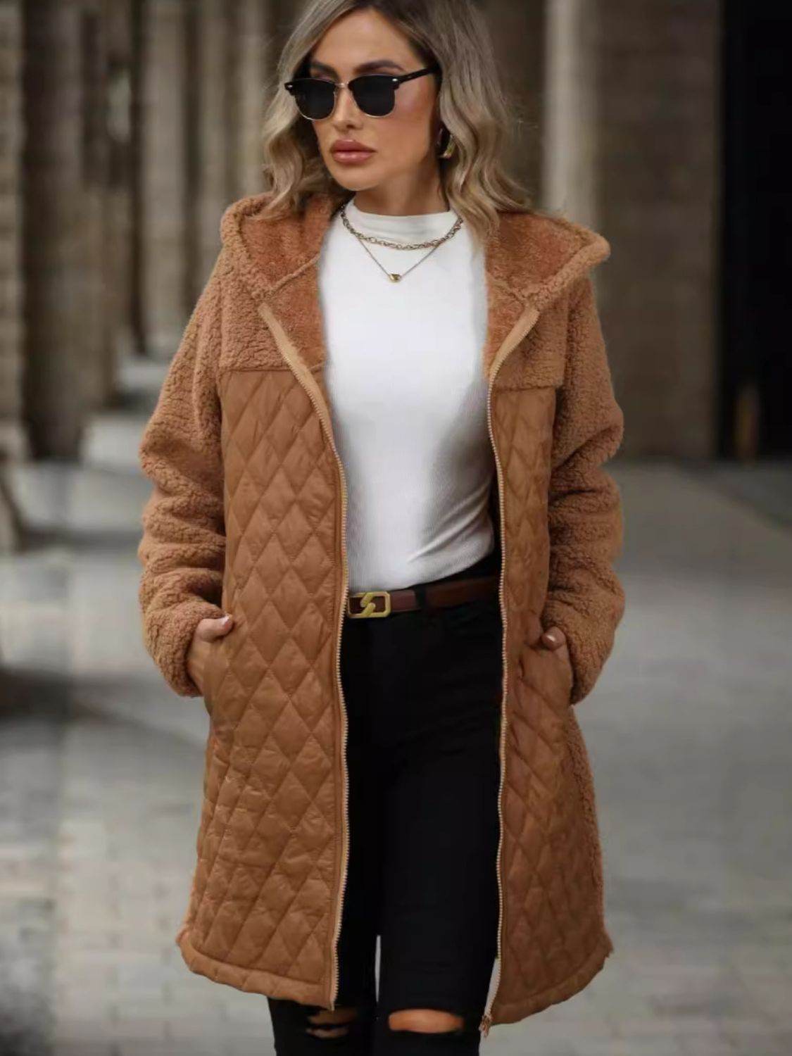 Texture Zip Up Long Sleeve Hooded Coat - Delanoir