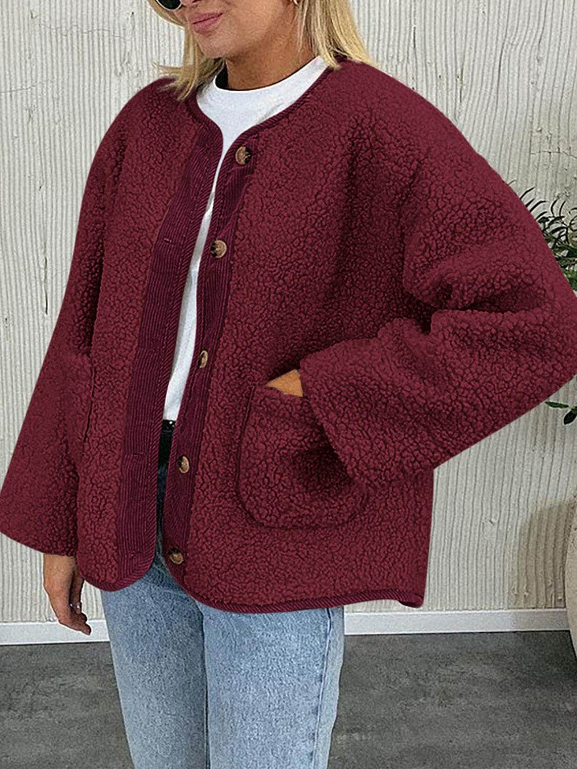 Contrast Button Up Sherpa Jacket with Pockets - Delanoir