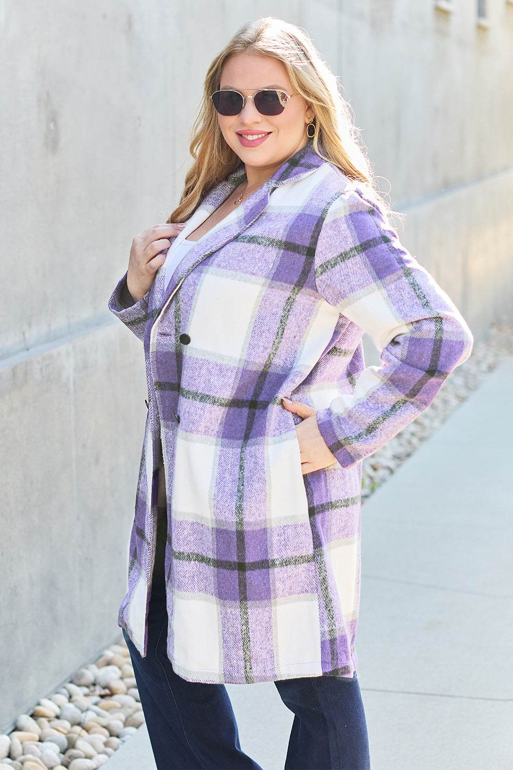 Double Take Full Size Plaid Button Up Lapel Collar Coat - Delanoir
