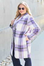 Double Take Full Size Plaid Button Up Lapel Collar Coat - Delanoir