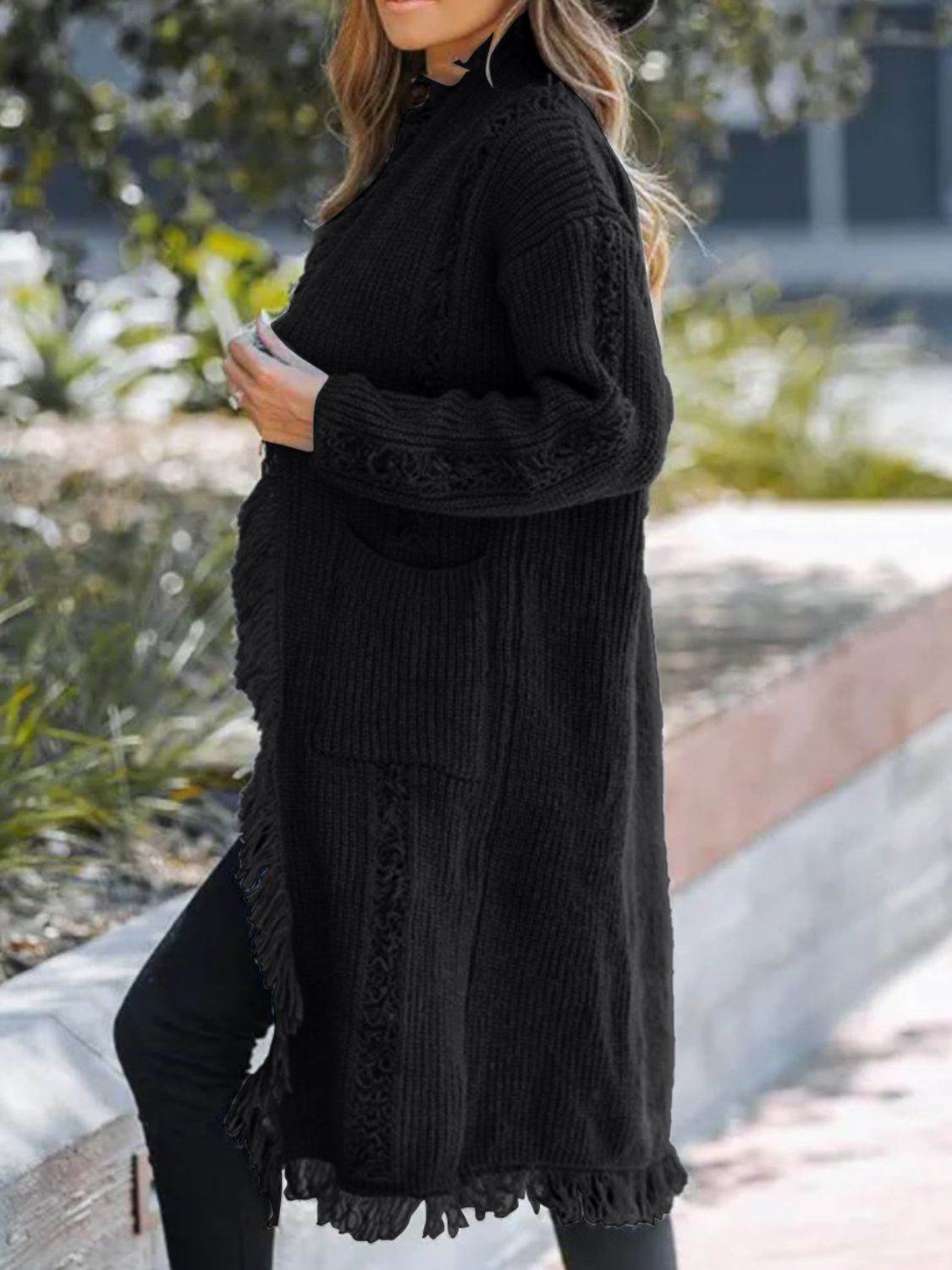 Fringe Open Front Long Sleeve Cardigan - Delanoir