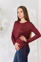 Culture Code Full Size Drawstring Round Neck Long Sleeve Top - Delanoir