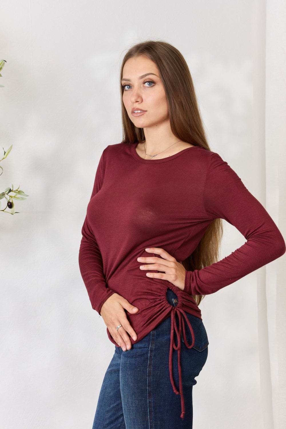 Culture Code Full Size Drawstring Round Neck Long Sleeve Top - Delanoir