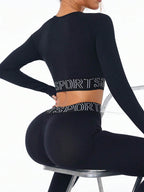 Letter Print Round Neck Long Sleeve Top and Leggings Active Set - Delanoir