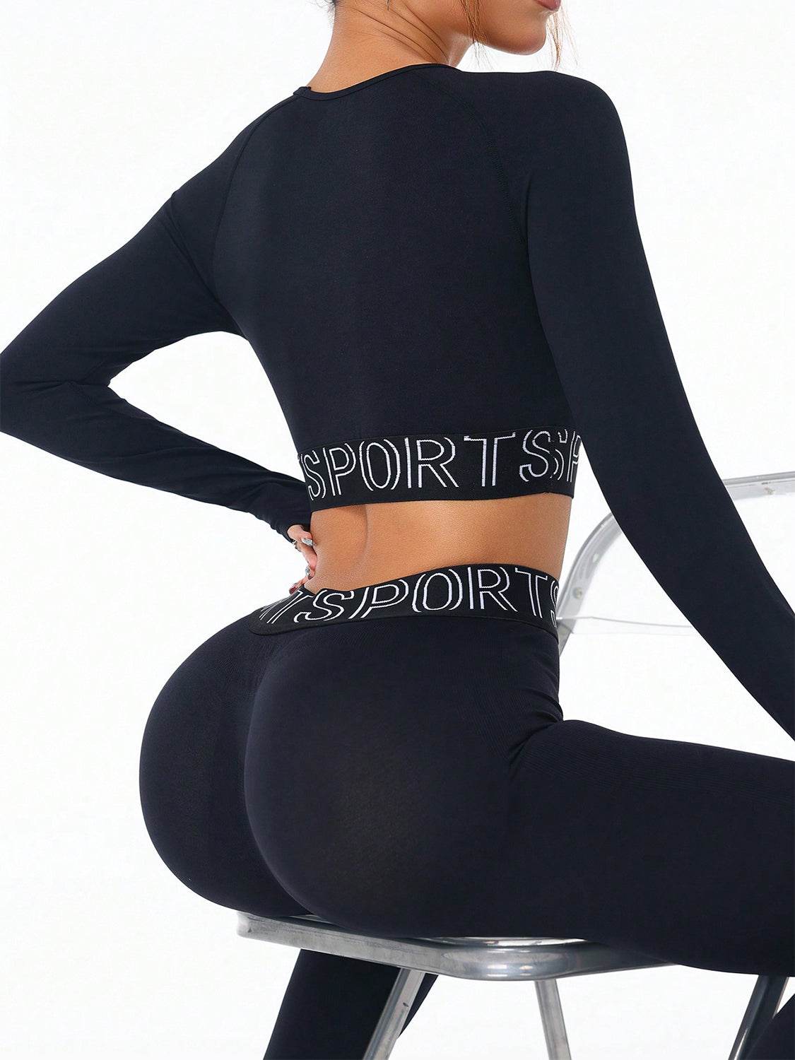 Letter Print Round Neck Long Sleeve Top and Leggings Active Set - Delanoir