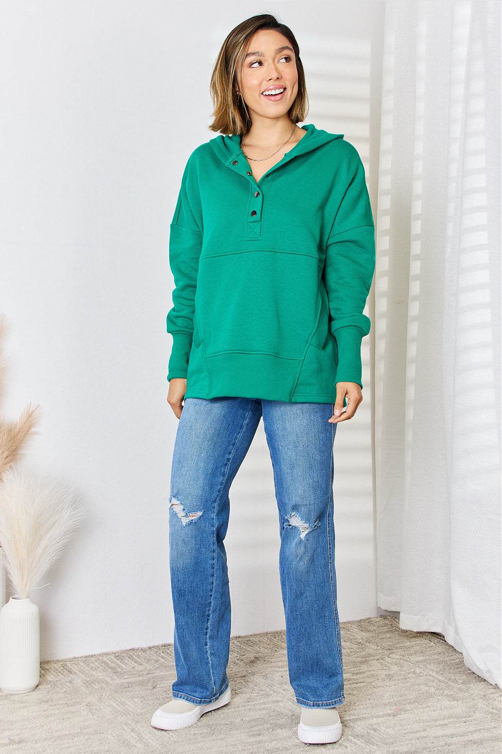 Zenana Half Snap Long Sleeve Hoodie - Delanoir