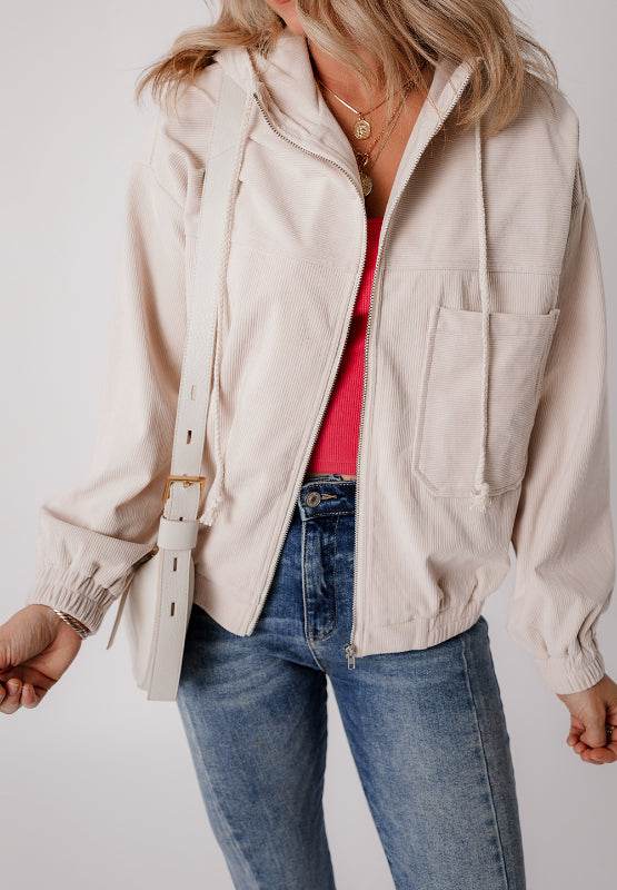 Pocketed Zip Up Long Sleeve Hooded Jacket - Delanoir